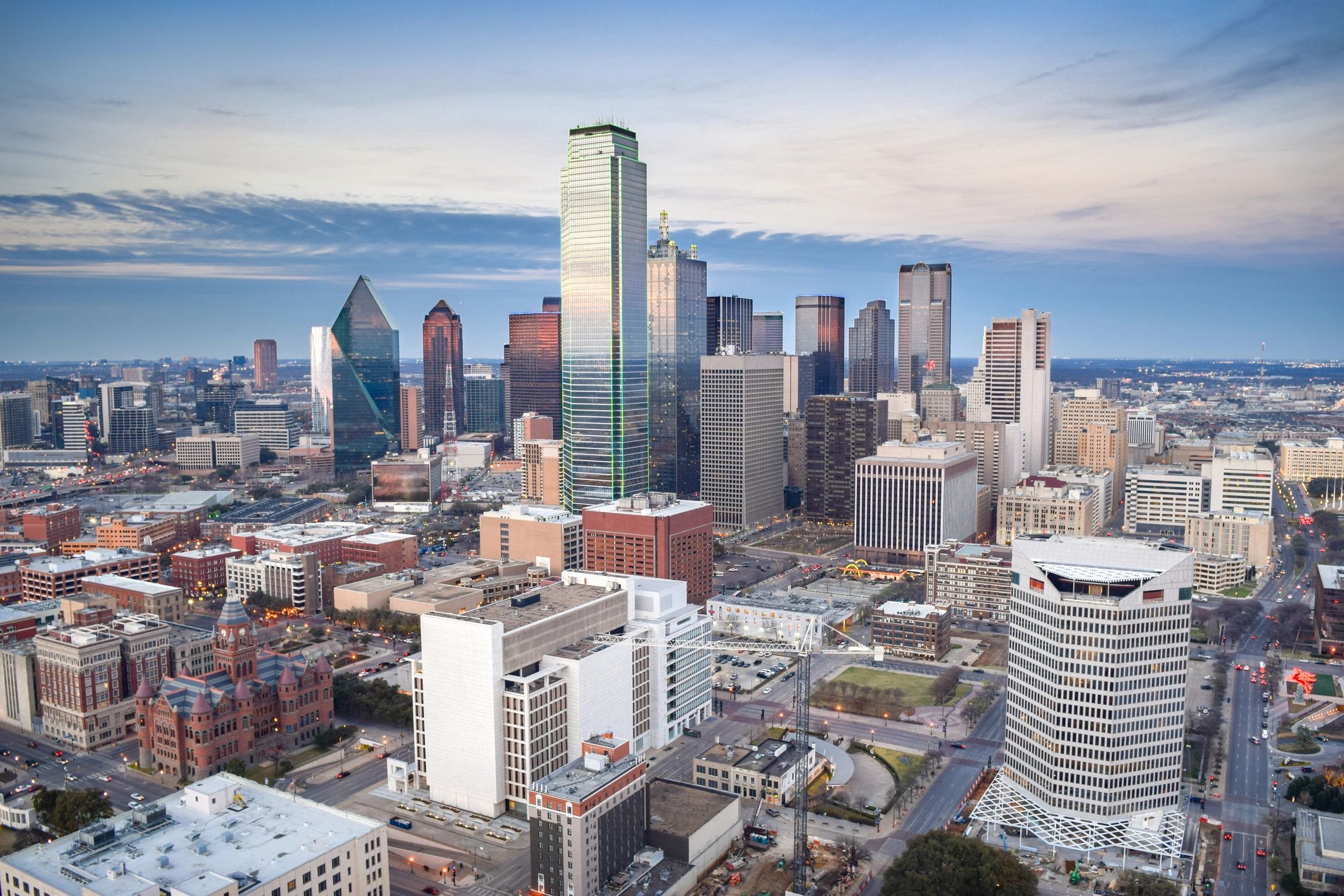 Aerial view of Dallas skyline at sunset